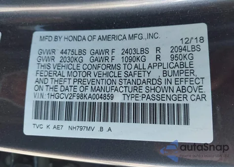 2019 Honda Accord Touring 2.0T из США, поврежденный, VIN 1HGCV2F98KA004859